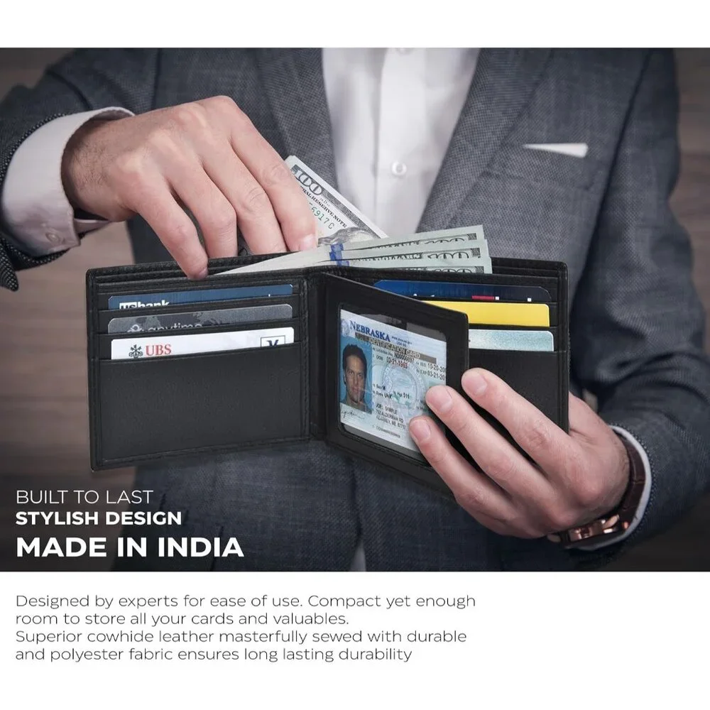 Leather Wallet for Men - RFID Bifold Wallets with 9 Credit Cards 1 ID Window